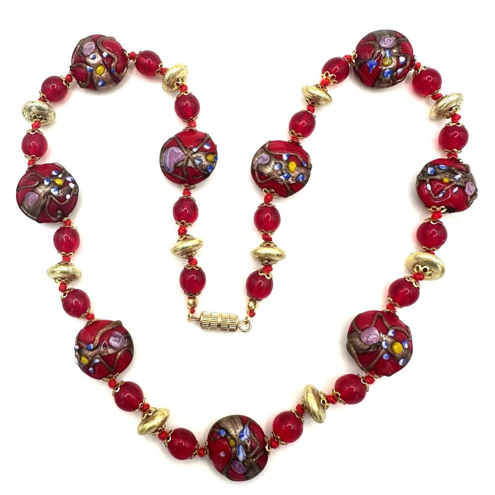 Vintage red gold Murano Venetian wedding cake art glass beads beaded necklace